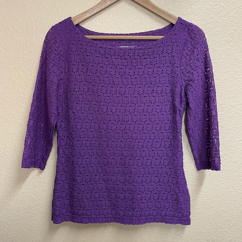 🛍3/$15🛍 BANANA REPUBLIC Lace Overlay 3/4 Sleeve Top size 6 Purple